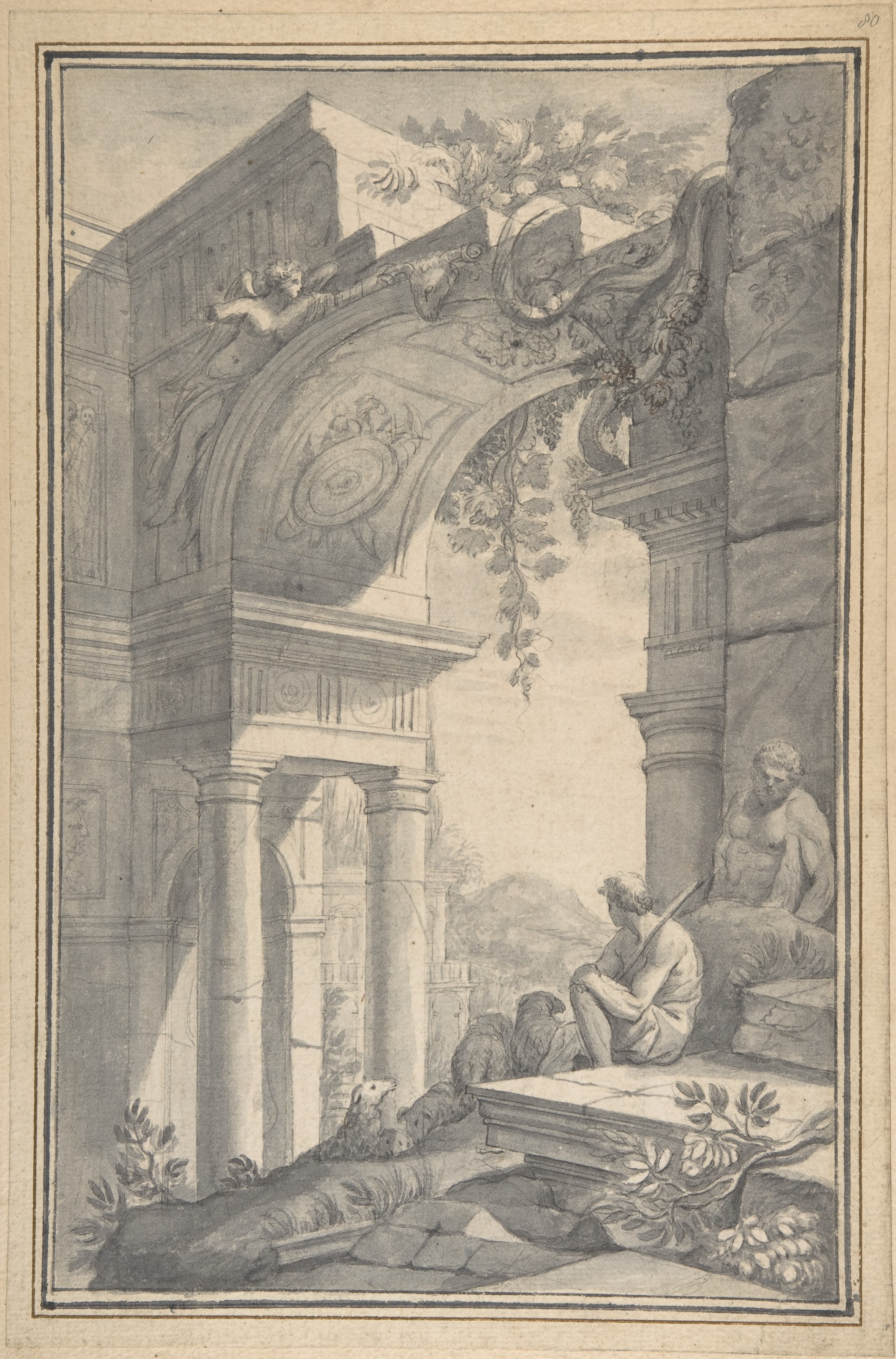 Ancient Classical Ruins Pencil Sketch
