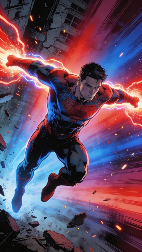 Superman Flying Through Damaged City