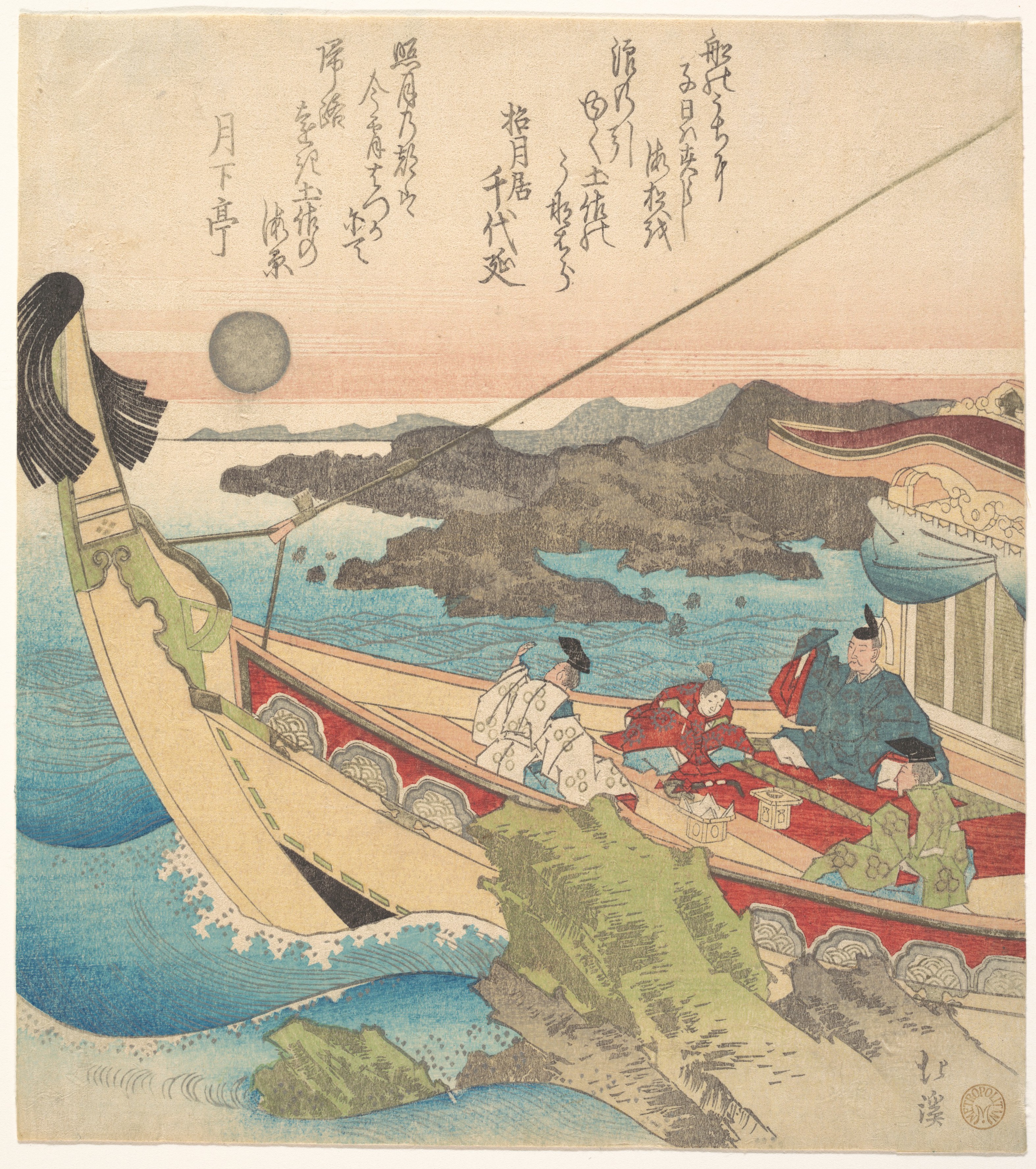 Ukiyo-e Nobles Viewing Moon on Boat