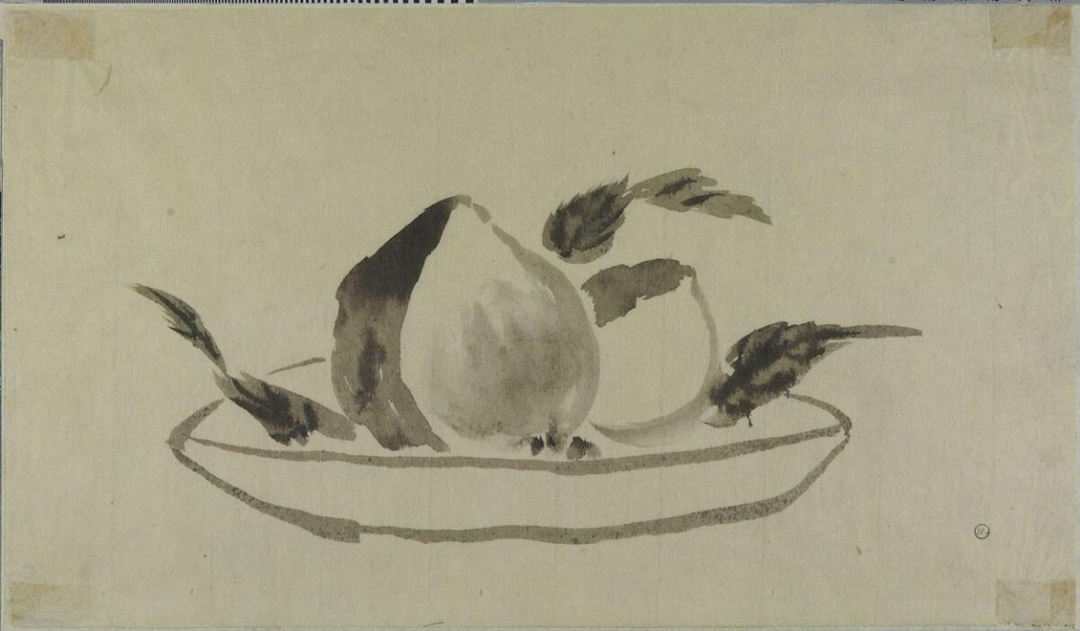 Ink Painting of Peaches on a Plate