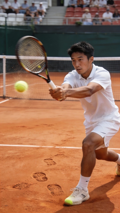 Tennis Player Hits Ball On Clay Court