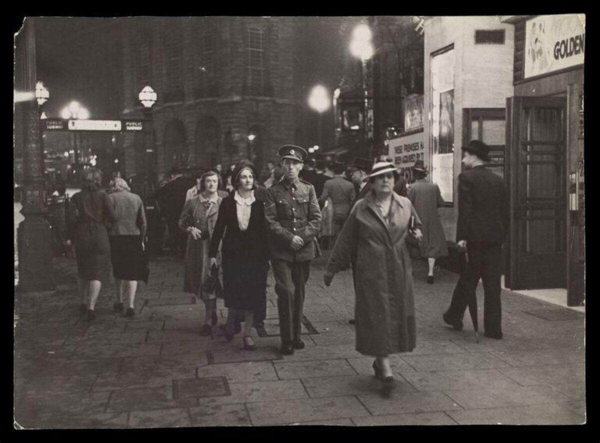 Vintage Night City Street Pedestrians