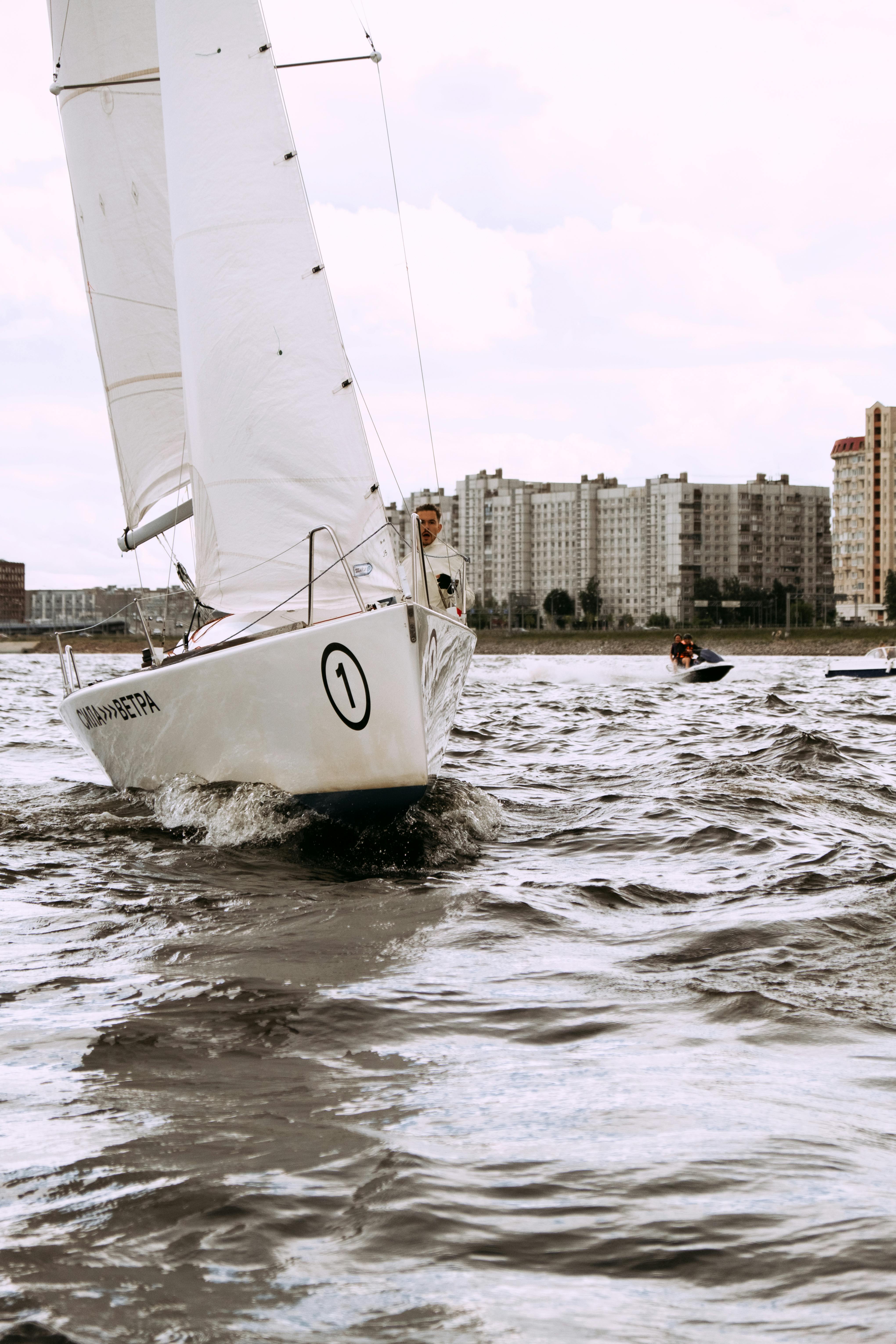 Number 1 Racing Sailboat on Urban River