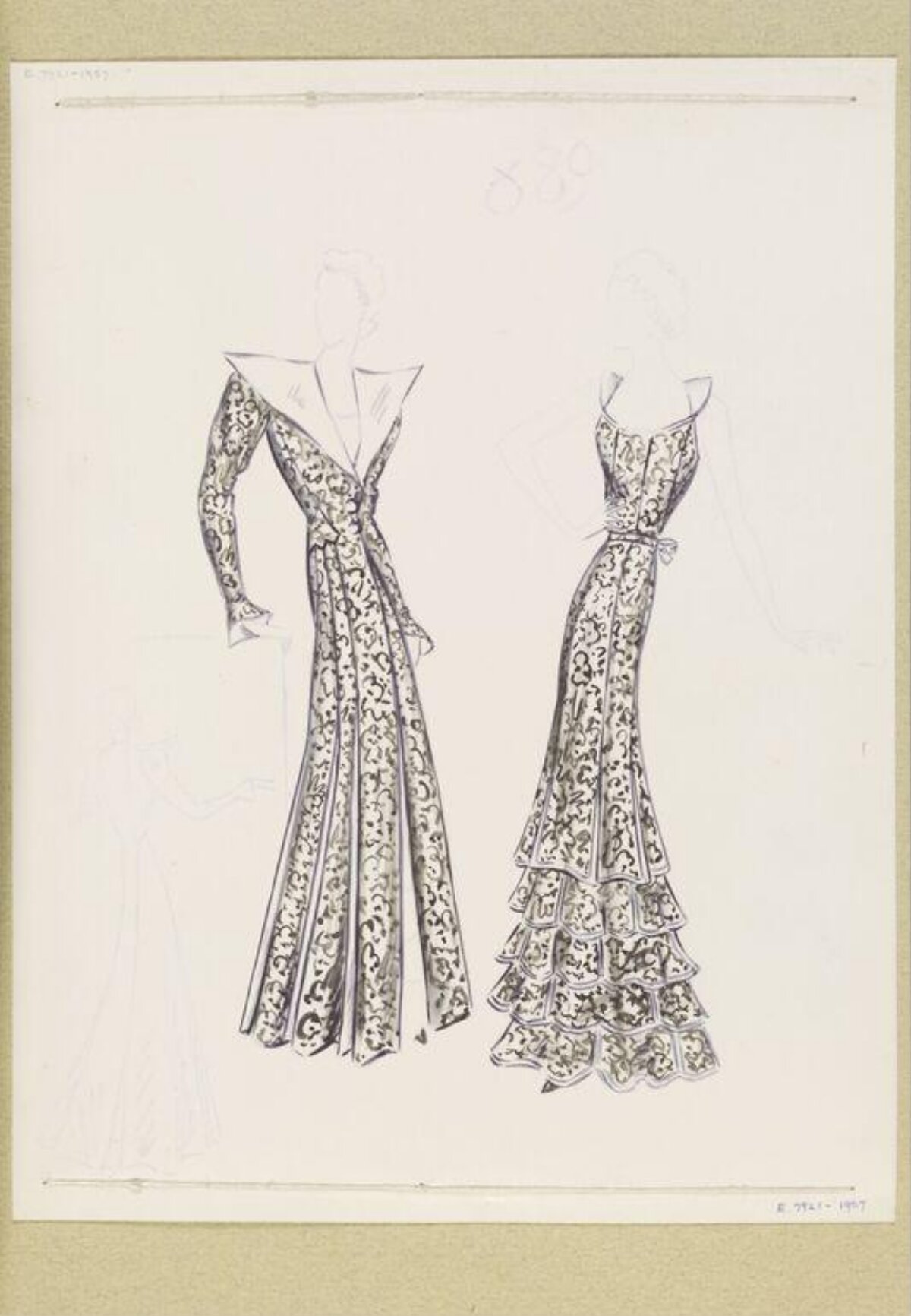 Two Vintage Evening Gown Fashion Sketches