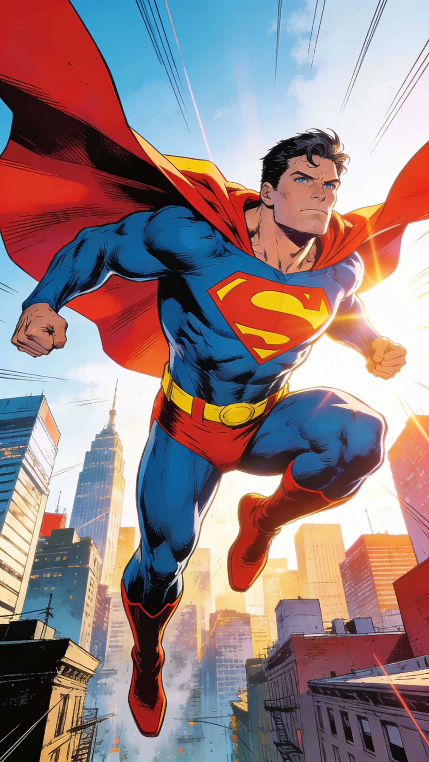 Superman Flying Over City Skyscrapers
