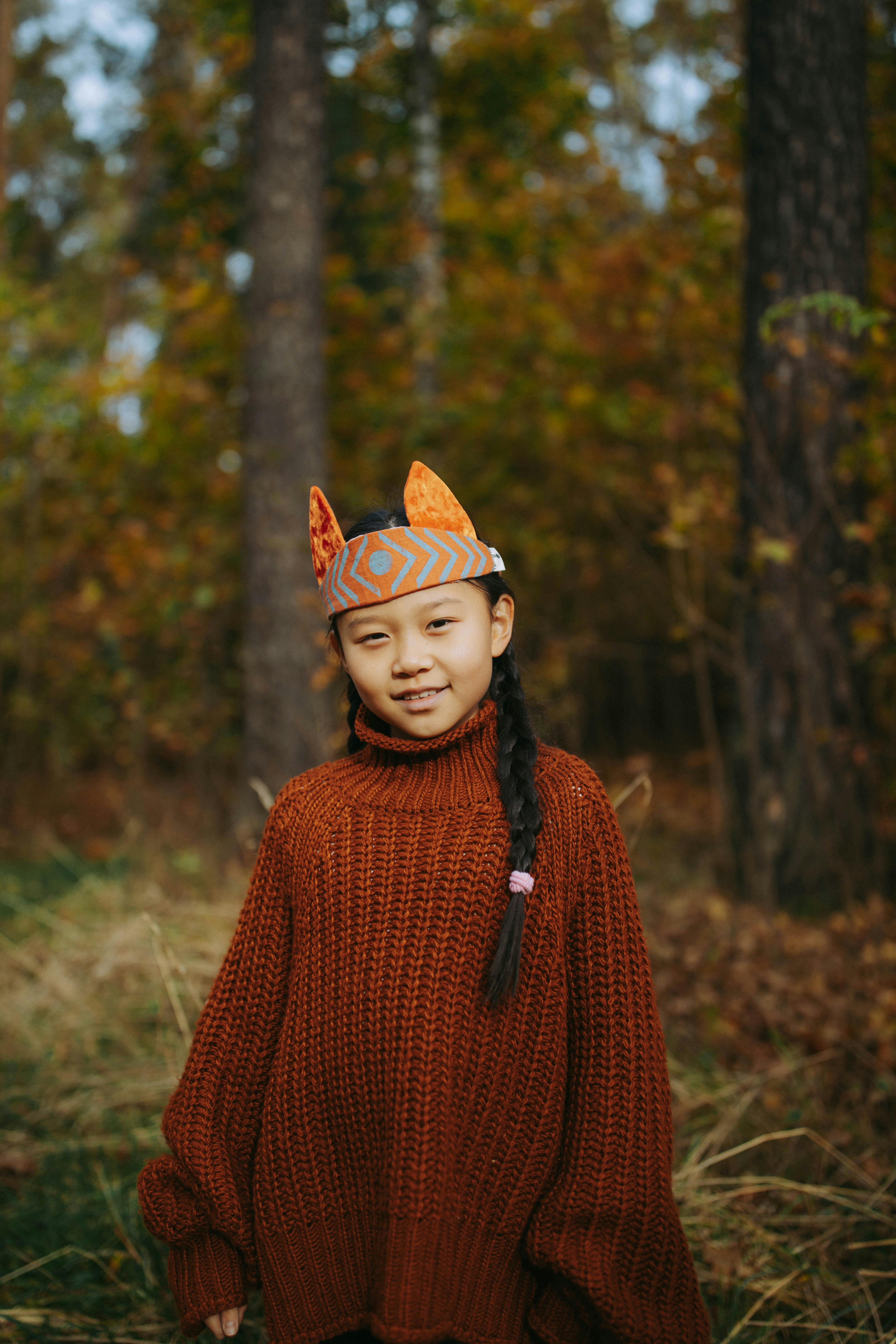 Girl With Fox Ear Headband In Autumn Forest