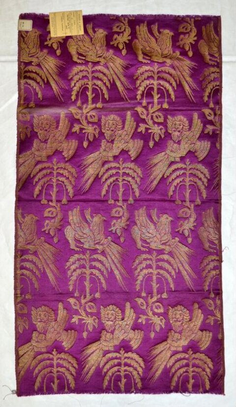 Purple Brocade Textile with Mythical Motifs