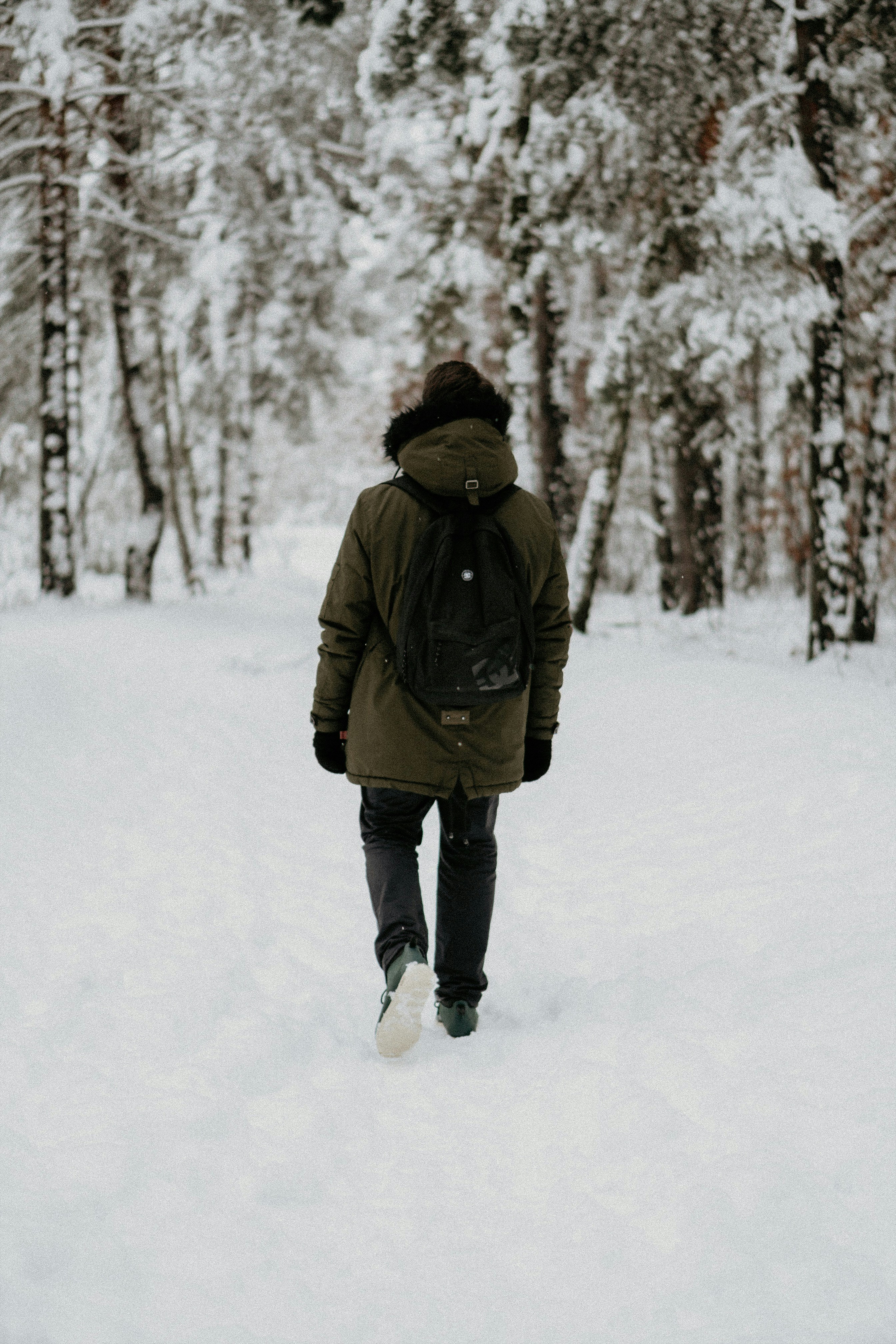 Man Walking Through Snowy Forest