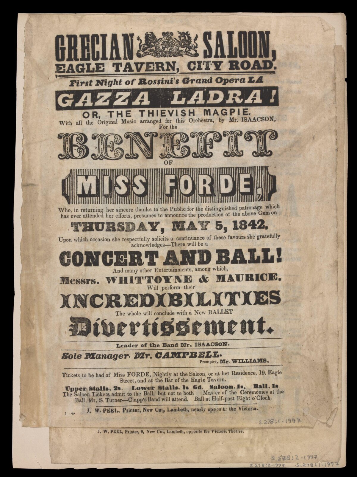 1842 Grecian Saloon Opera Playbill