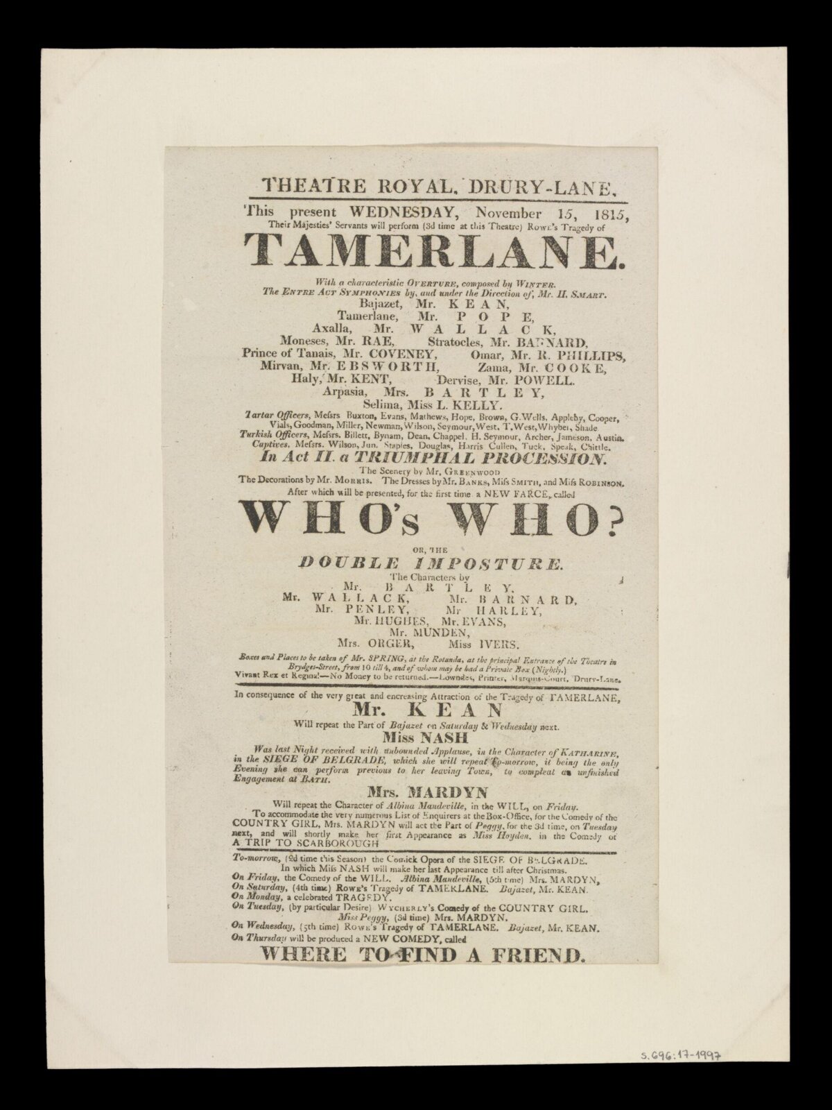 1815 Drury Lane Theatre Playbill