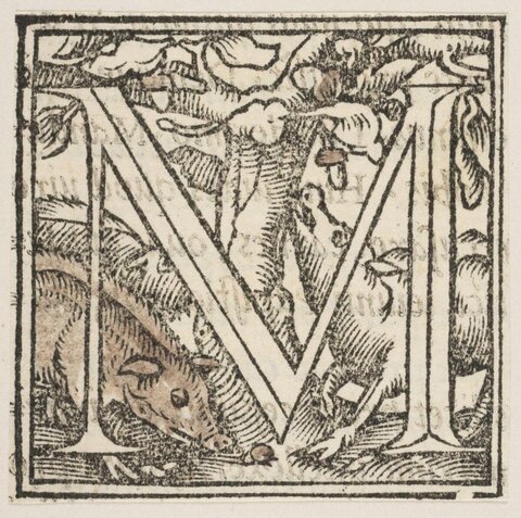 Woodcut Decorated Letter M with Boar