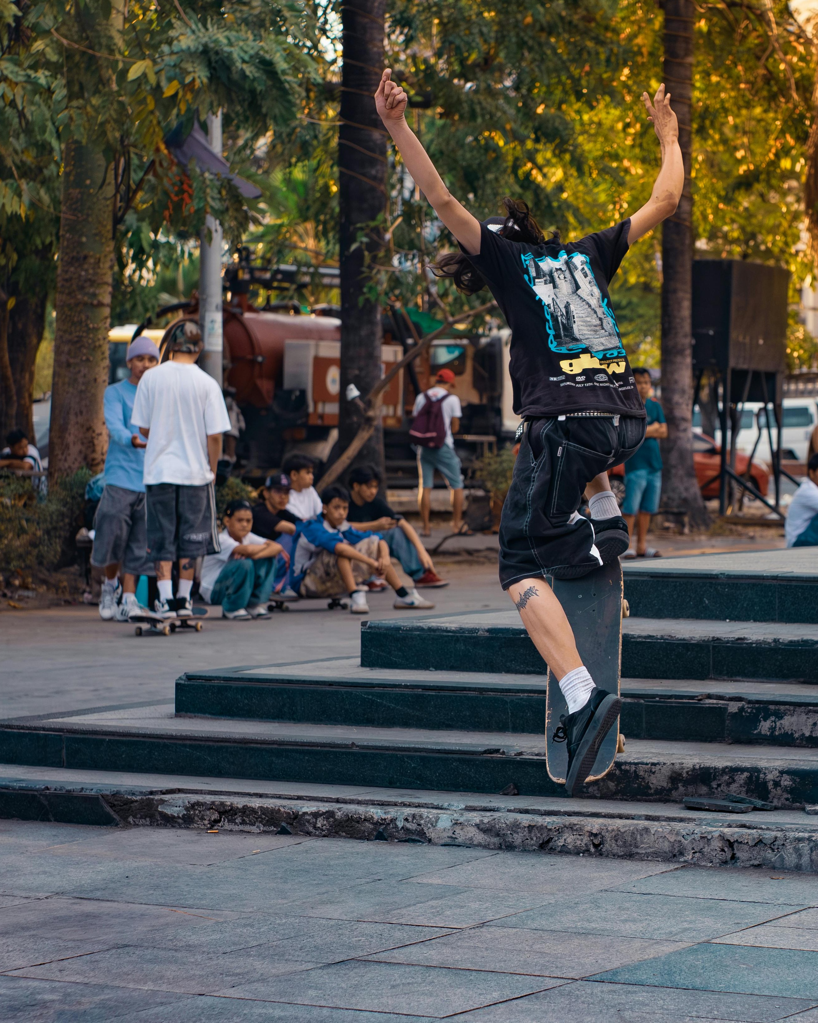 Skateboarder Performing Trick Down Stairs