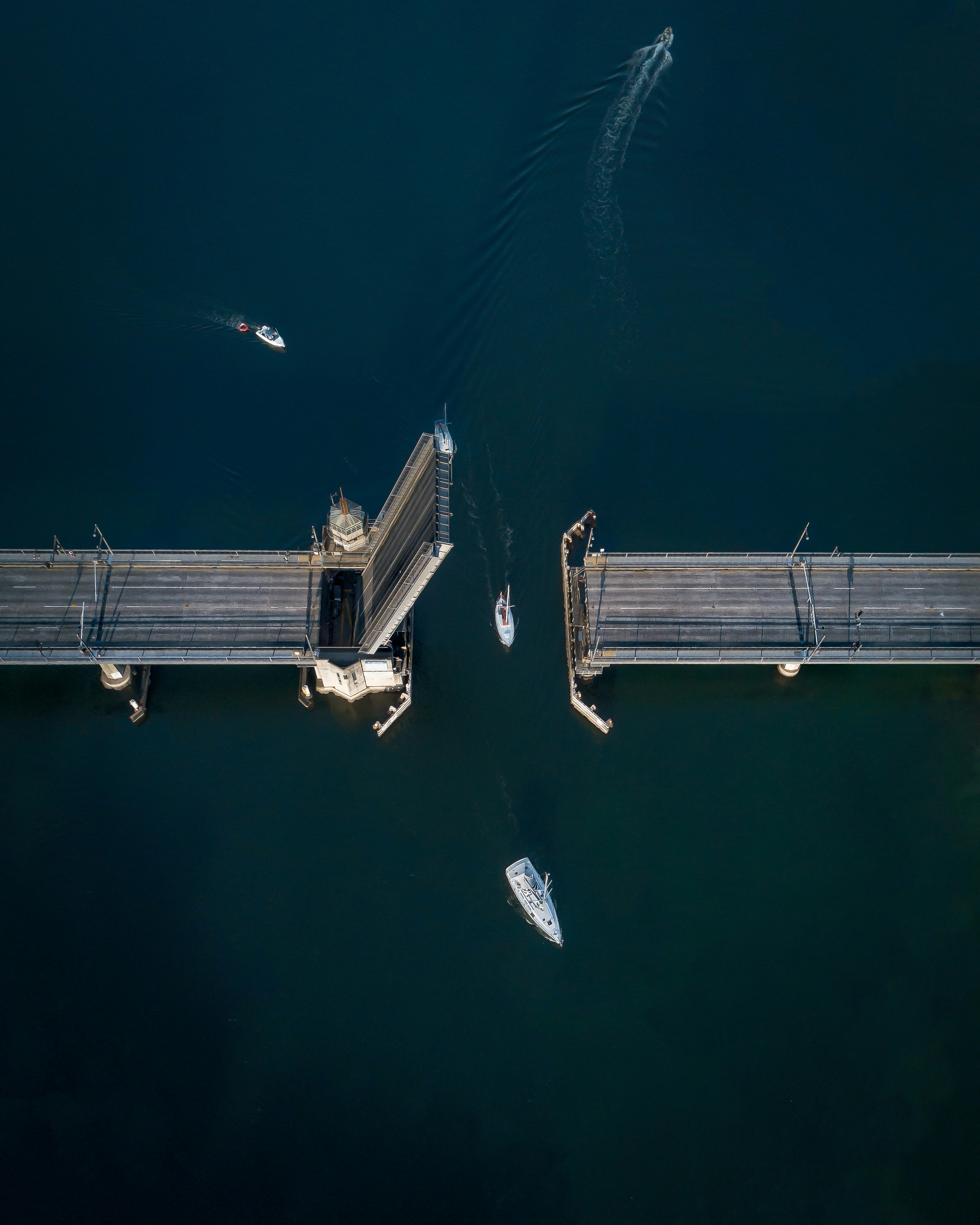 Aerial View of Open Drawbridge Over Water