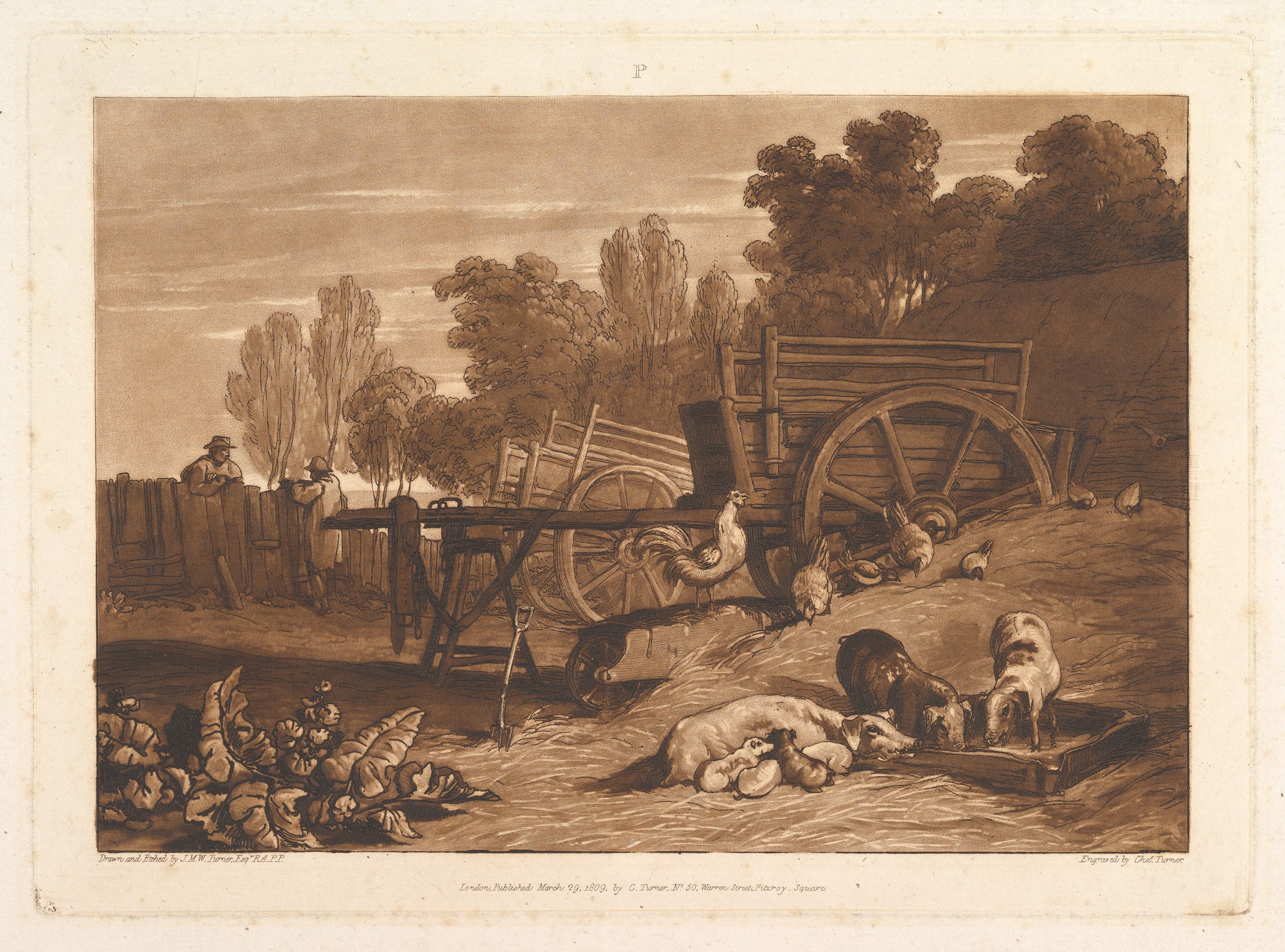 Rural Farmyard with Carts and Pigs