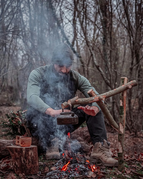 Bushcraft Campfire in Winter Forest