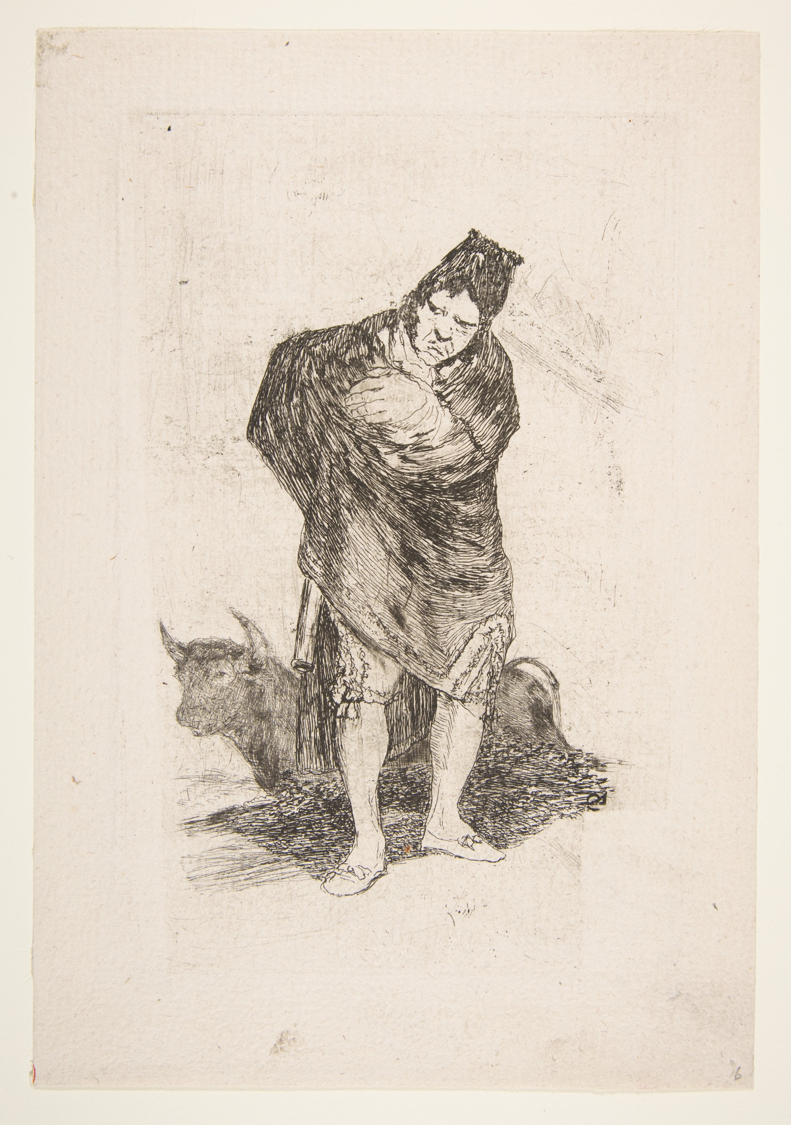 Black and White Etching of Man and Bull
