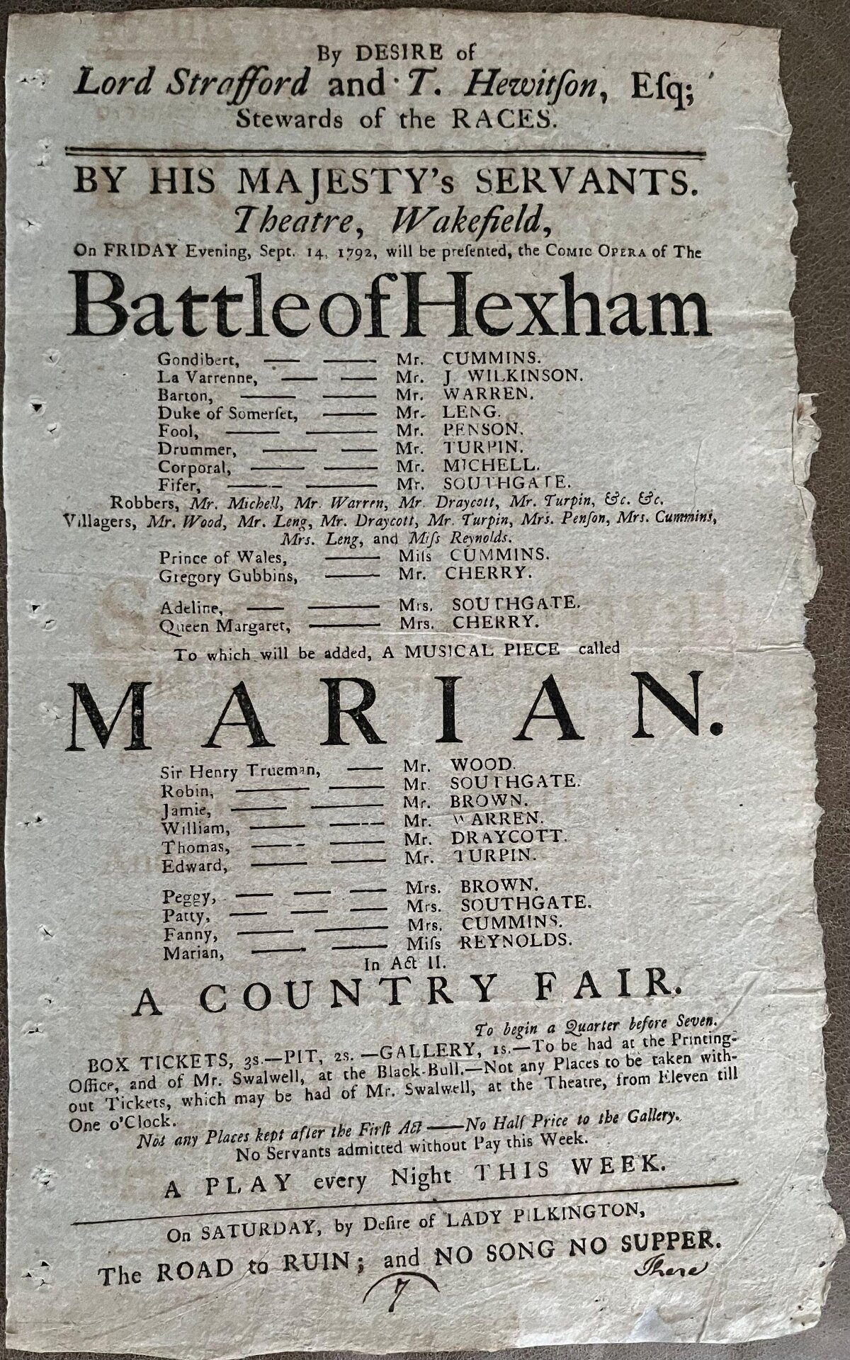 1792 Wakefield Theatre Playbill