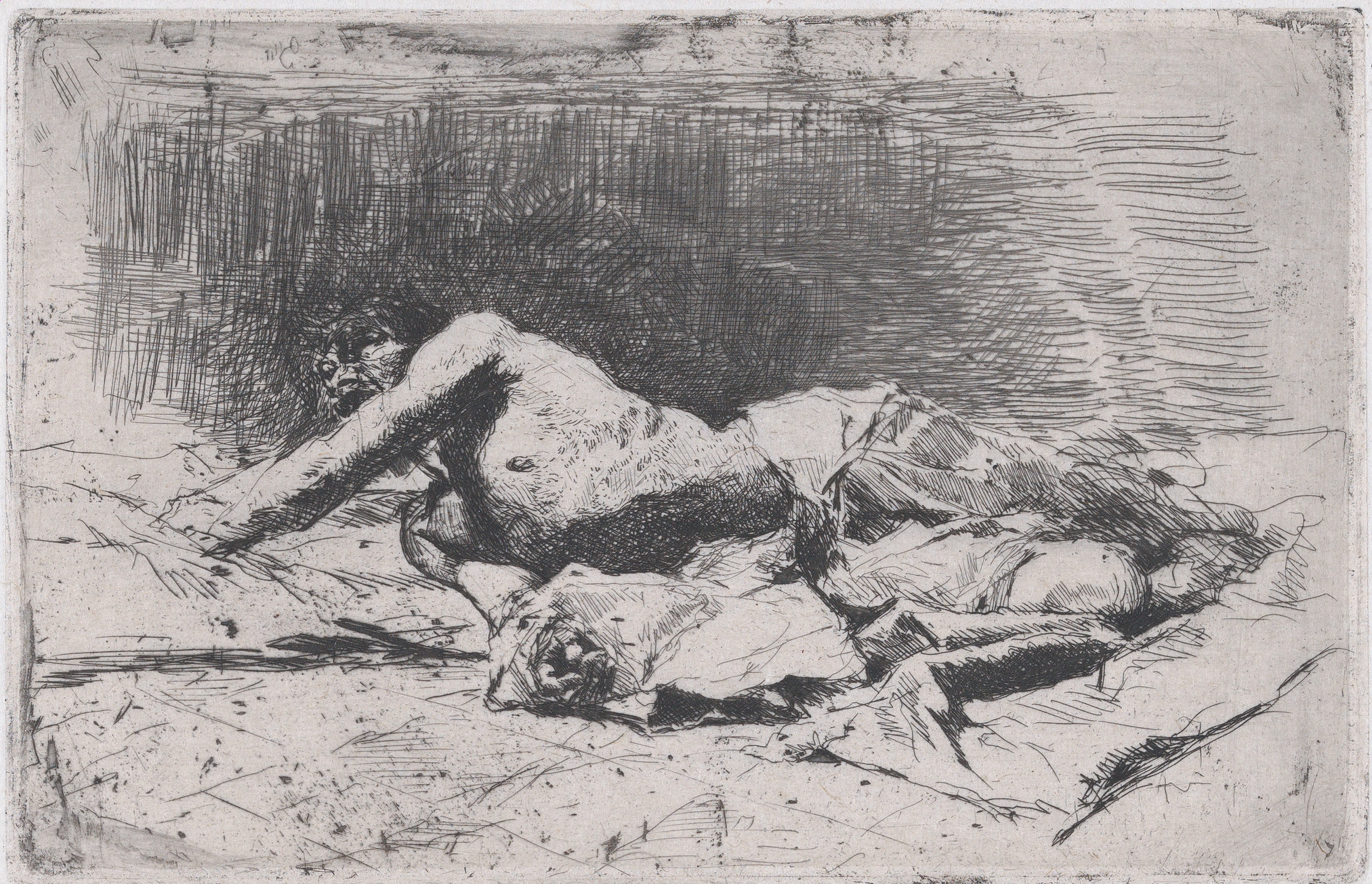 Reclining Male Nude Etching Sketch