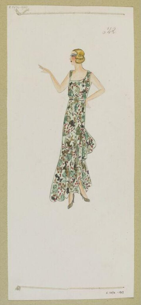 1930s Floral Gown Fashion Sketch