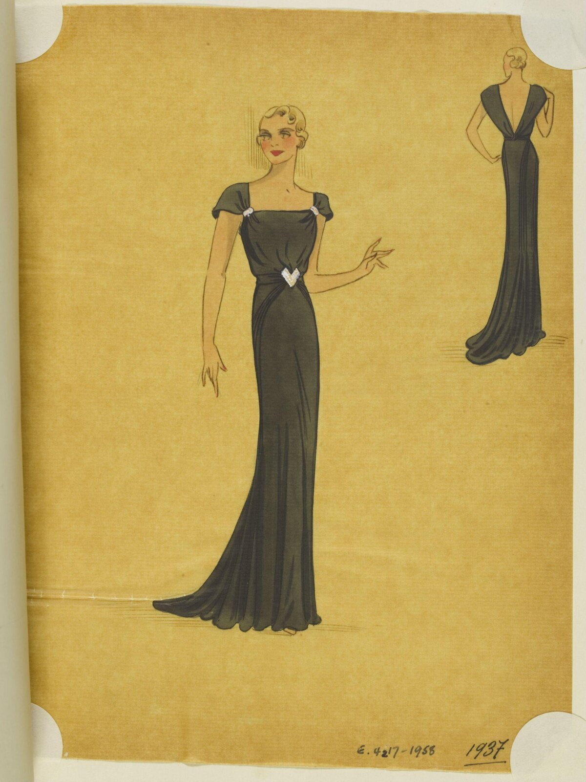 1937 Black Evening Gown Fashion Sketch