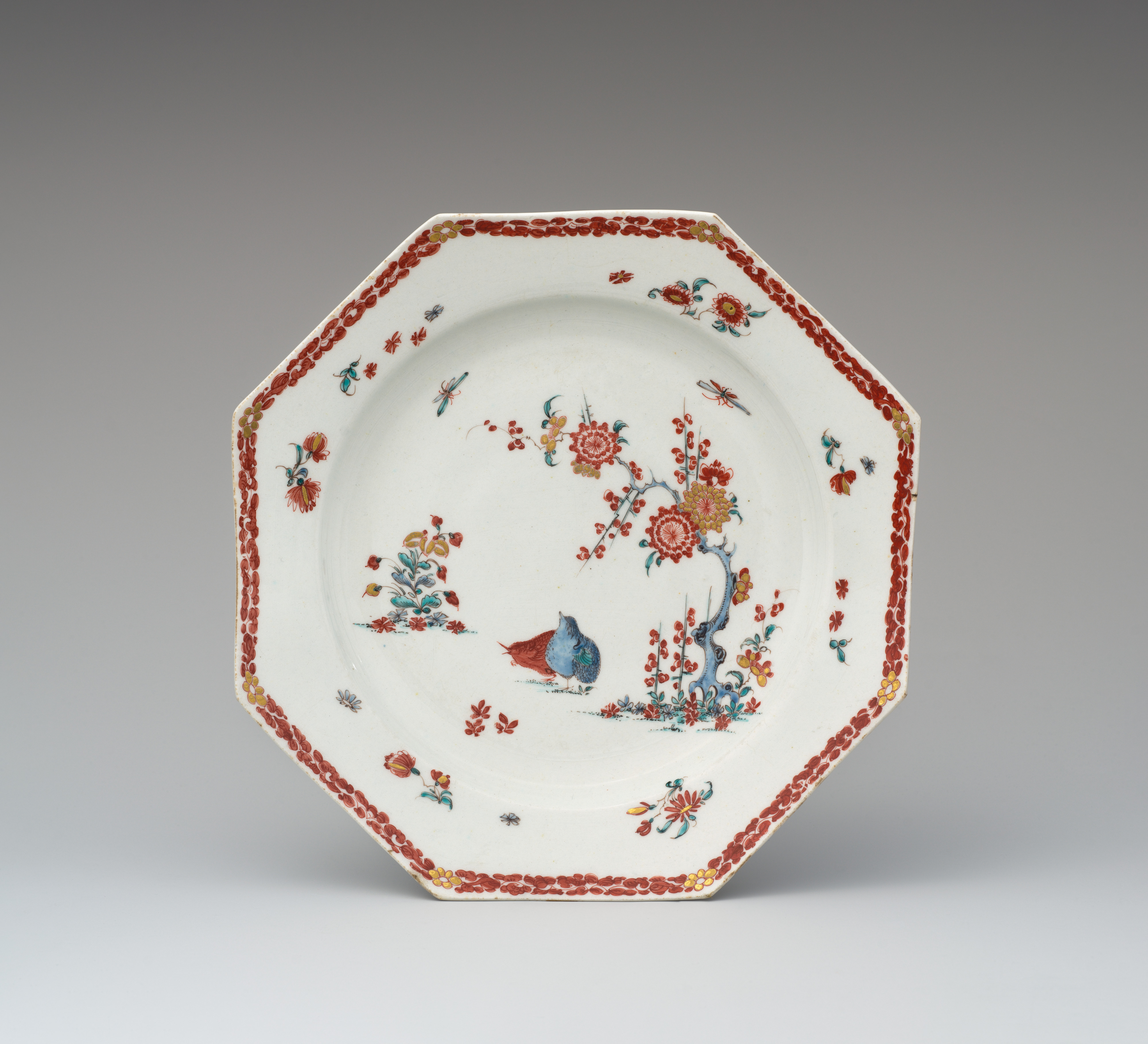 Octagonal Painted Flower and Bird Porcelain Plate
