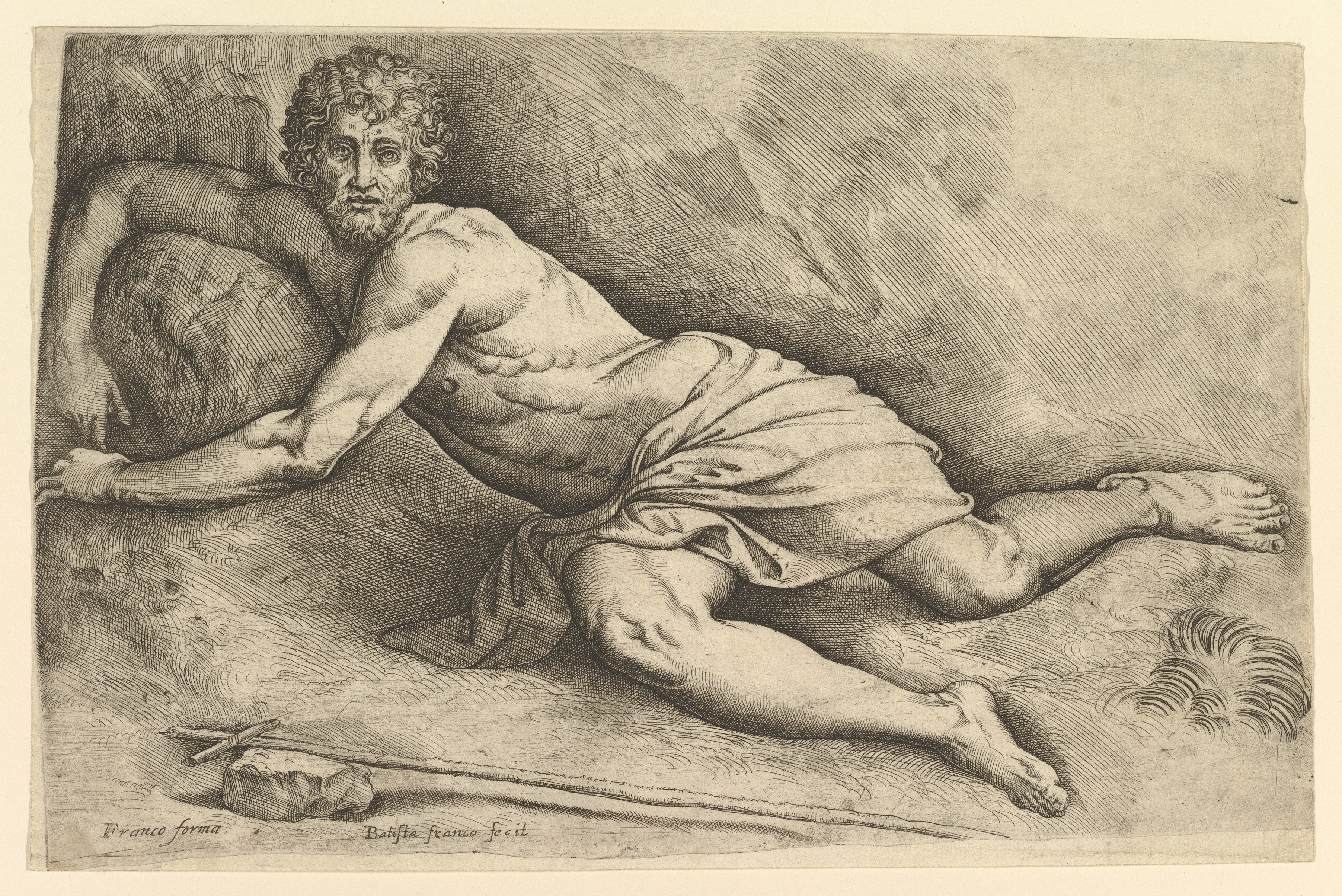 Reclining Muscular Male Figure Engraving