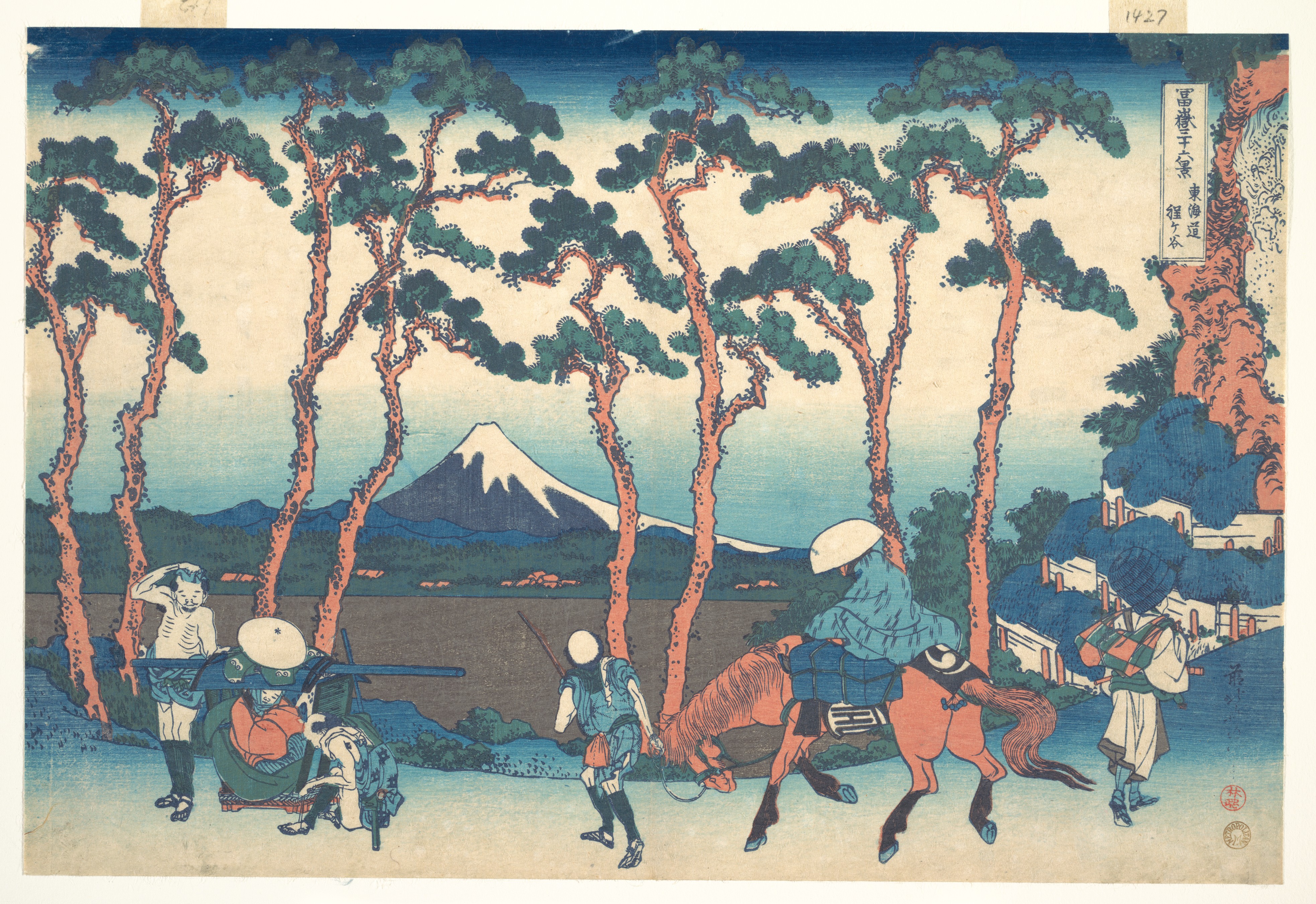 Japanese Ukiyo-e: Travelers and Mount Fuji