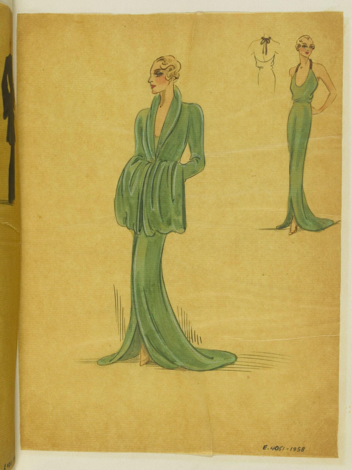 Vintage Green Evening Wear Fashion Sketch