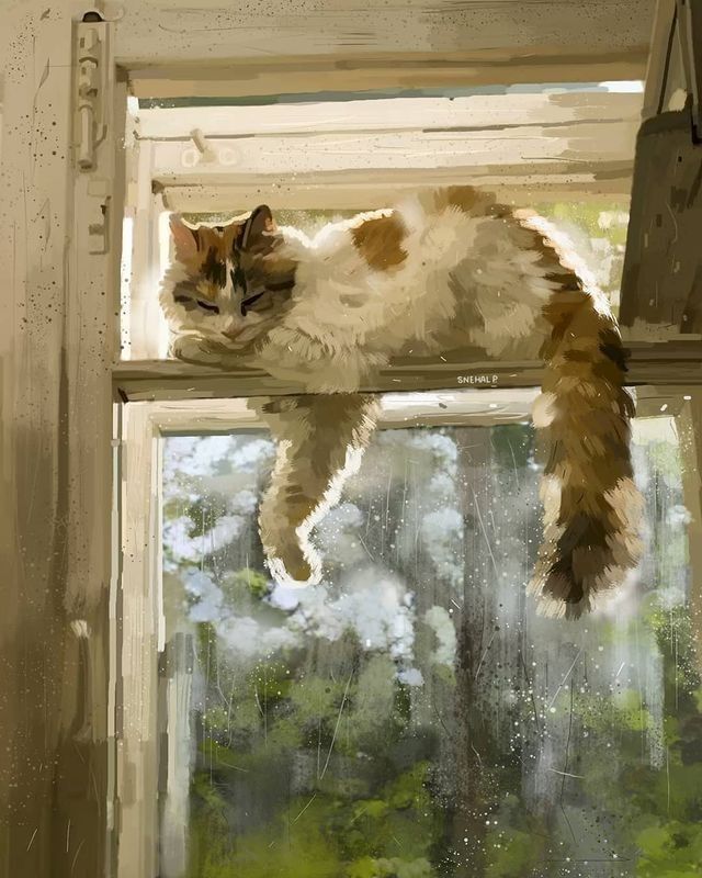 Fluffy Cat Napping on Window Sill