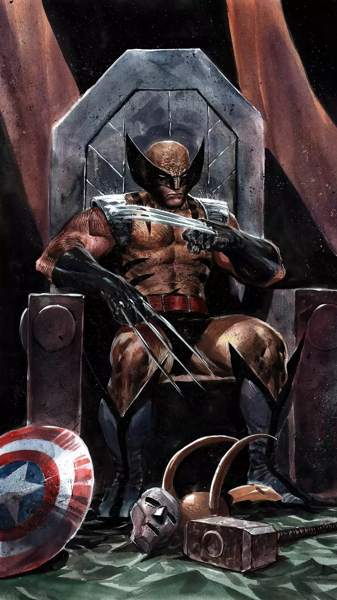 Wolverine on Throne with Fallen Heroes' Gear