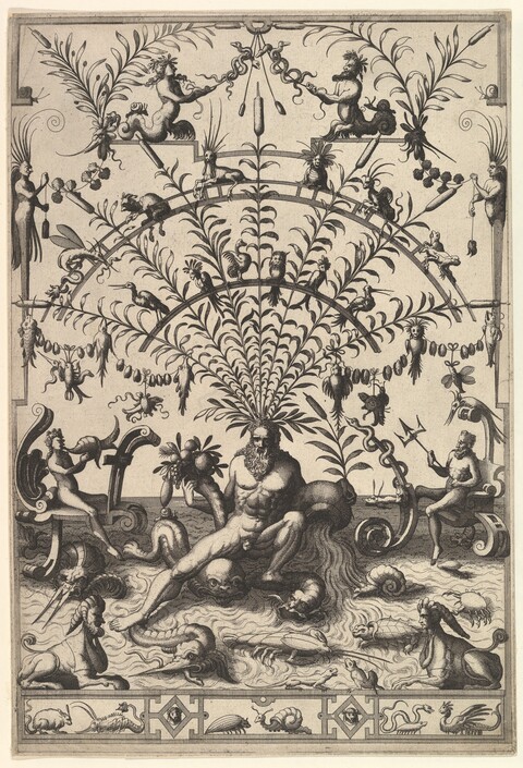 Engraving of Sea God Neptune and Aquatic Creatures