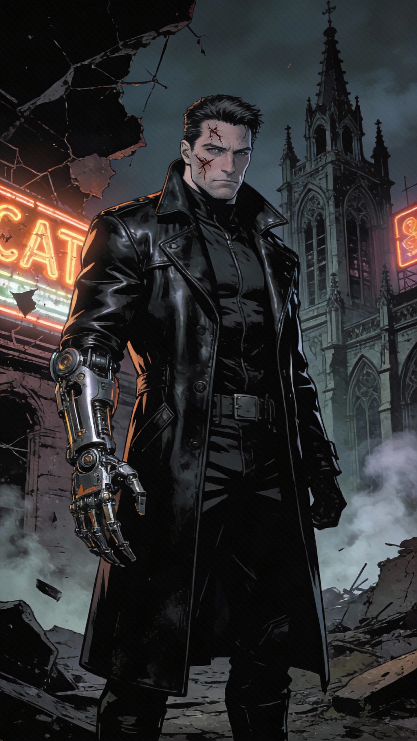 Cyborg with Prosthetic Arm in Ruined City