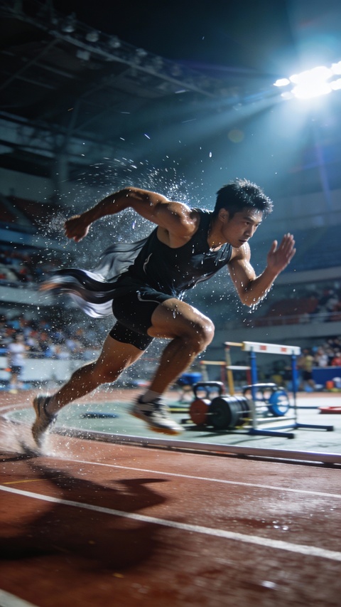 Male Sprinter Sprinting on Stadium Track