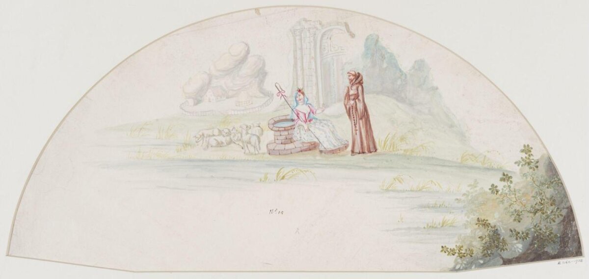 Fan Painting of Shepherdess and Monk