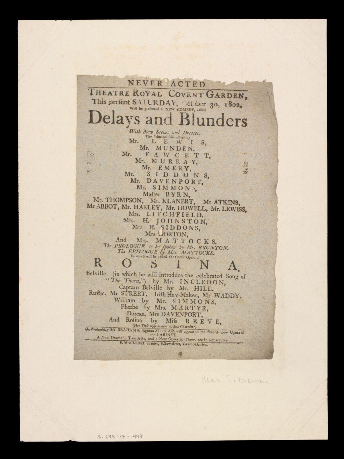 1802 Covent Garden Theatre Playbill