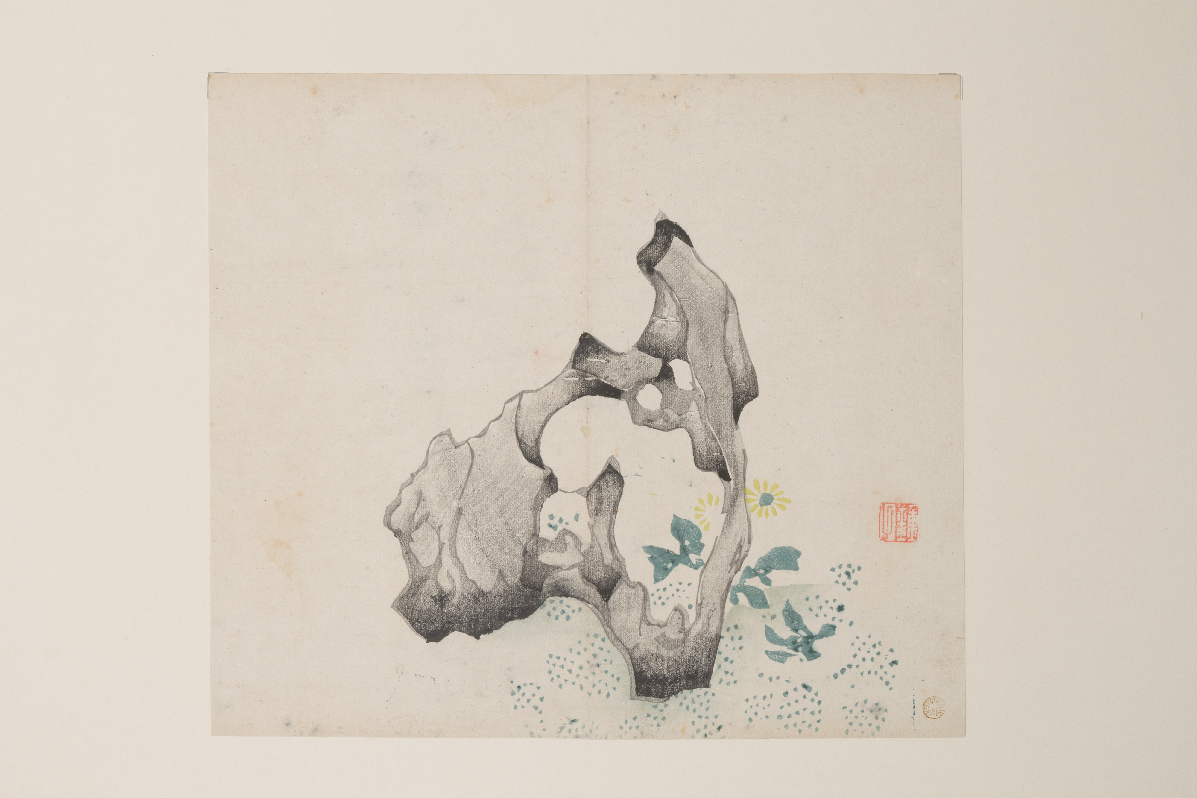 Ink Painting of Rock and Wildflowers