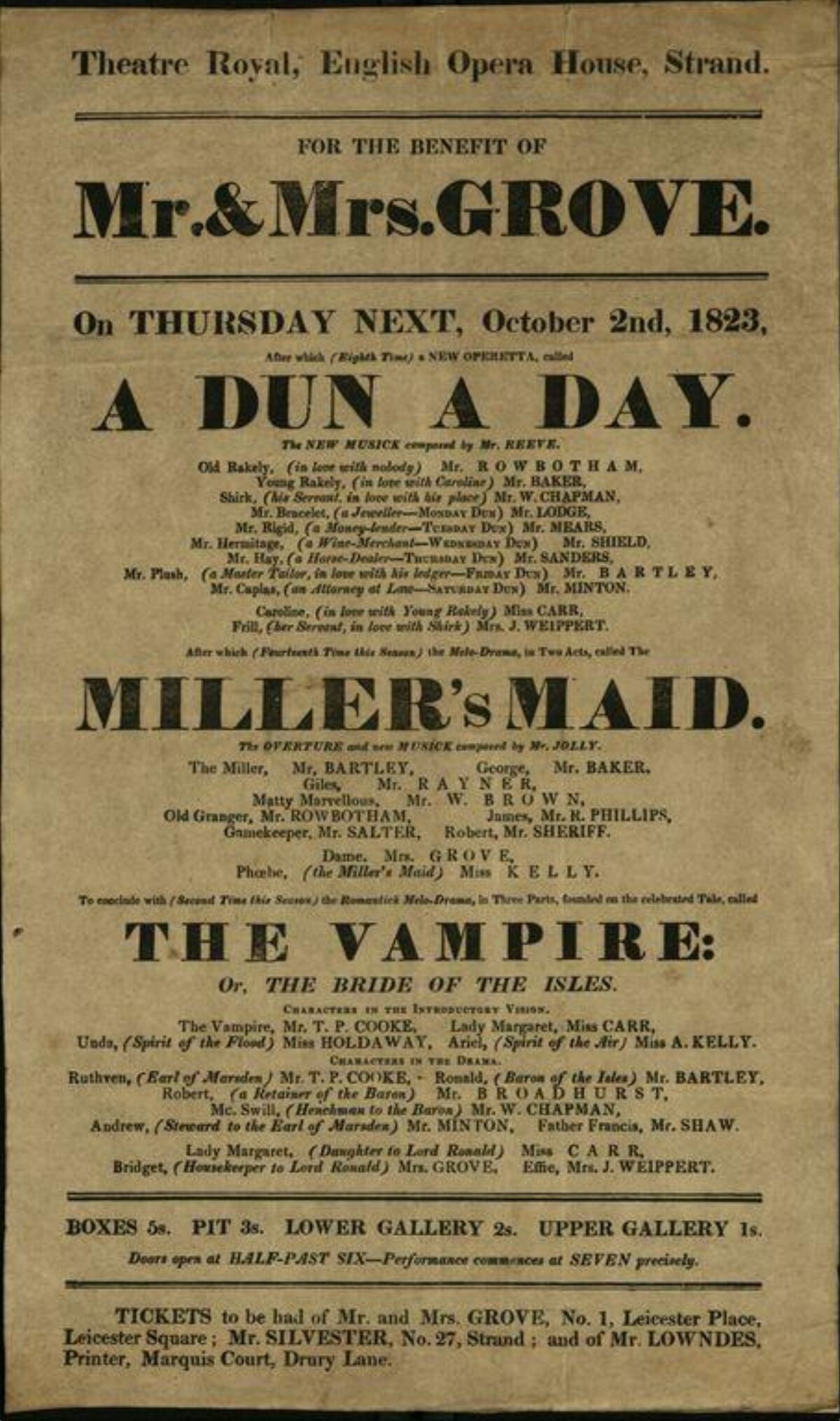 1823 Theatre Royal Benefit Playbill
