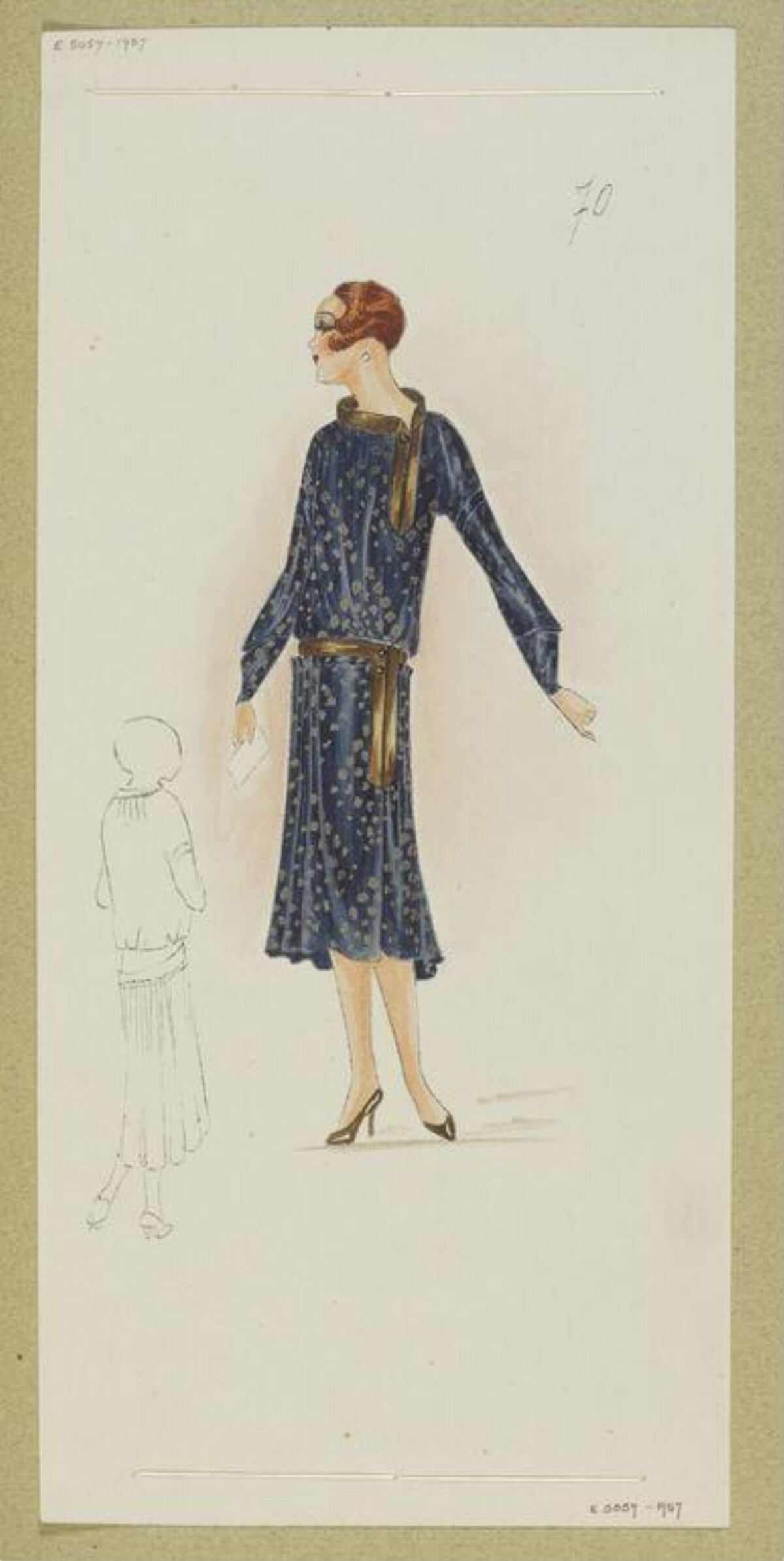 1920s Blue Dress Fashion Sketch