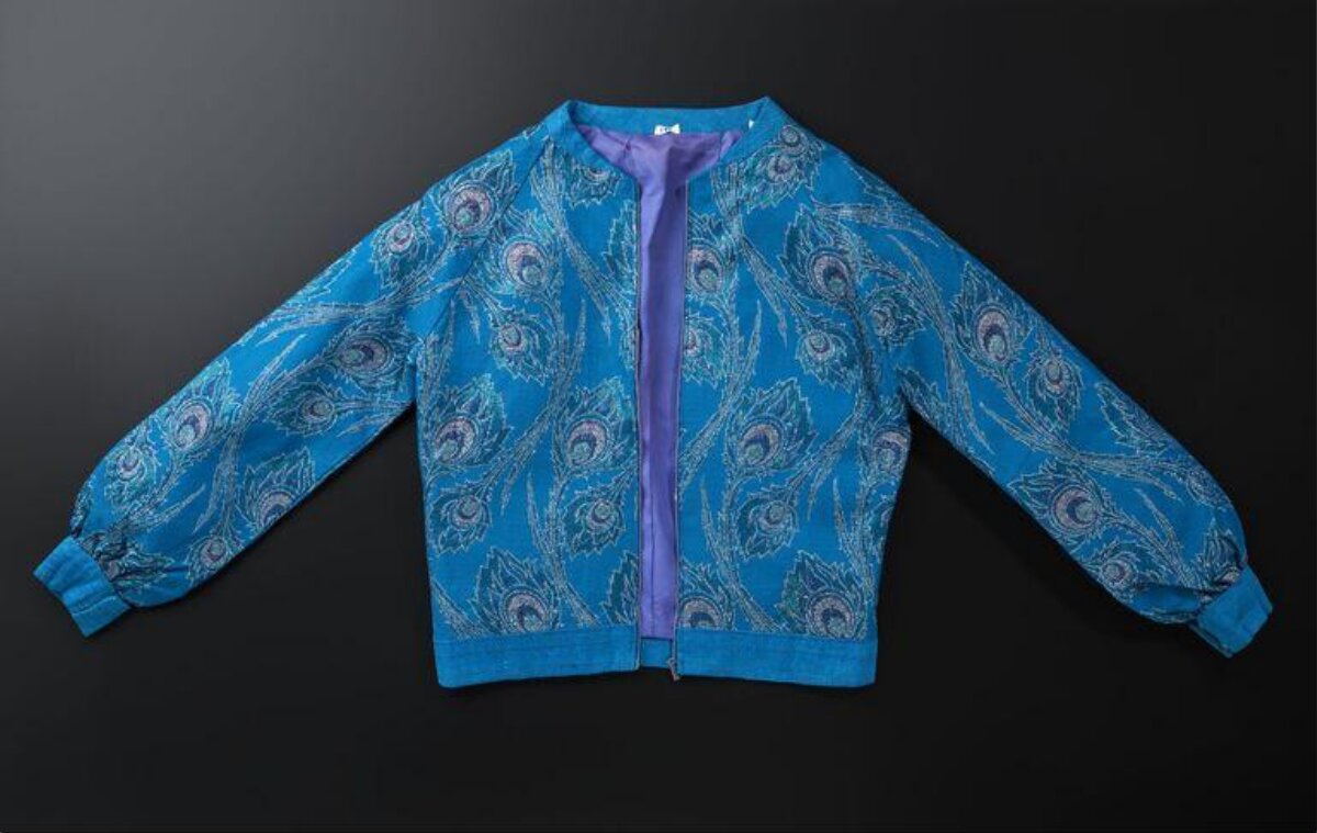 Blue Peacock Print Bomber Jacket