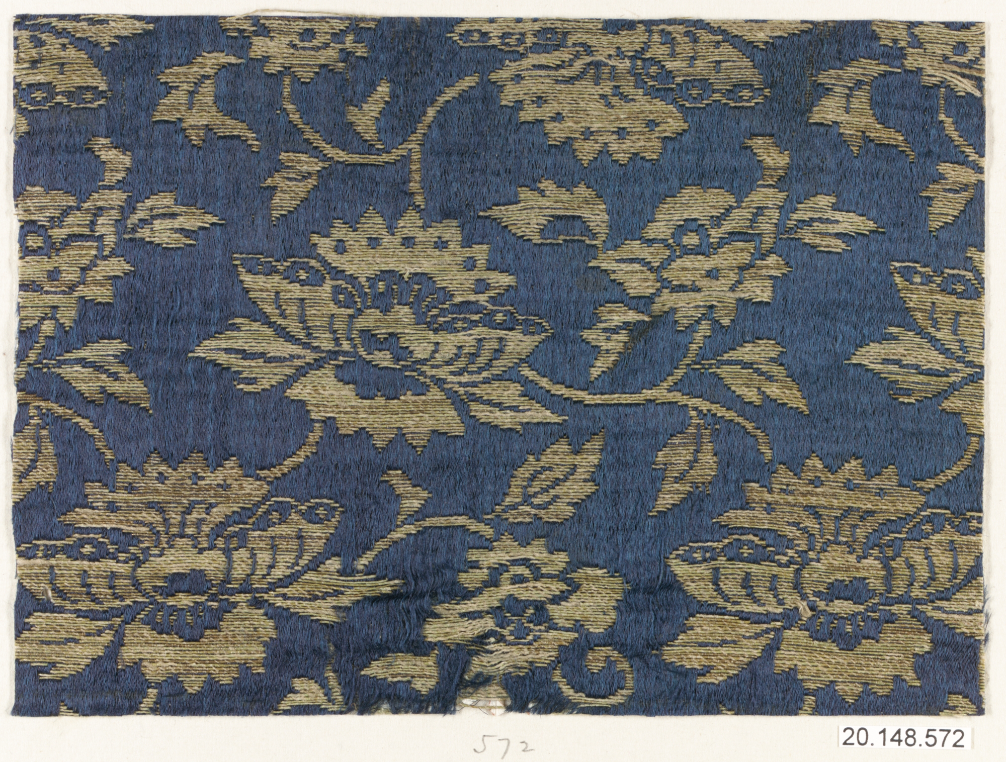 Blue Gold Floral Woven Textile Fragment