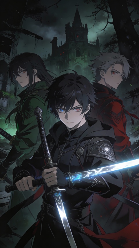 Three Anime Swordsmen at Old Church