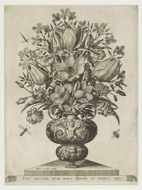 Engraved Still Life of Flower Vase