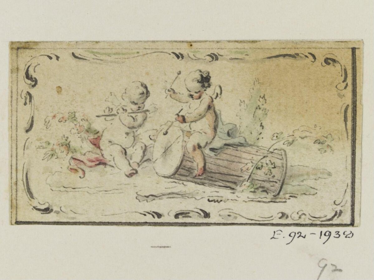 Watercolor Sketch of Two Cherubs Playing Music