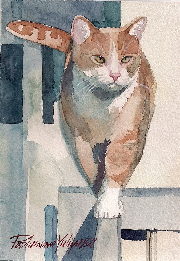 Watercolor Painting of Orange and White Cat