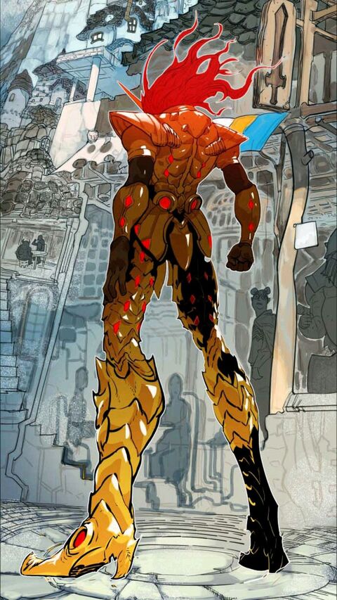 Flame-Haired Armored Warrior in Fantasy City