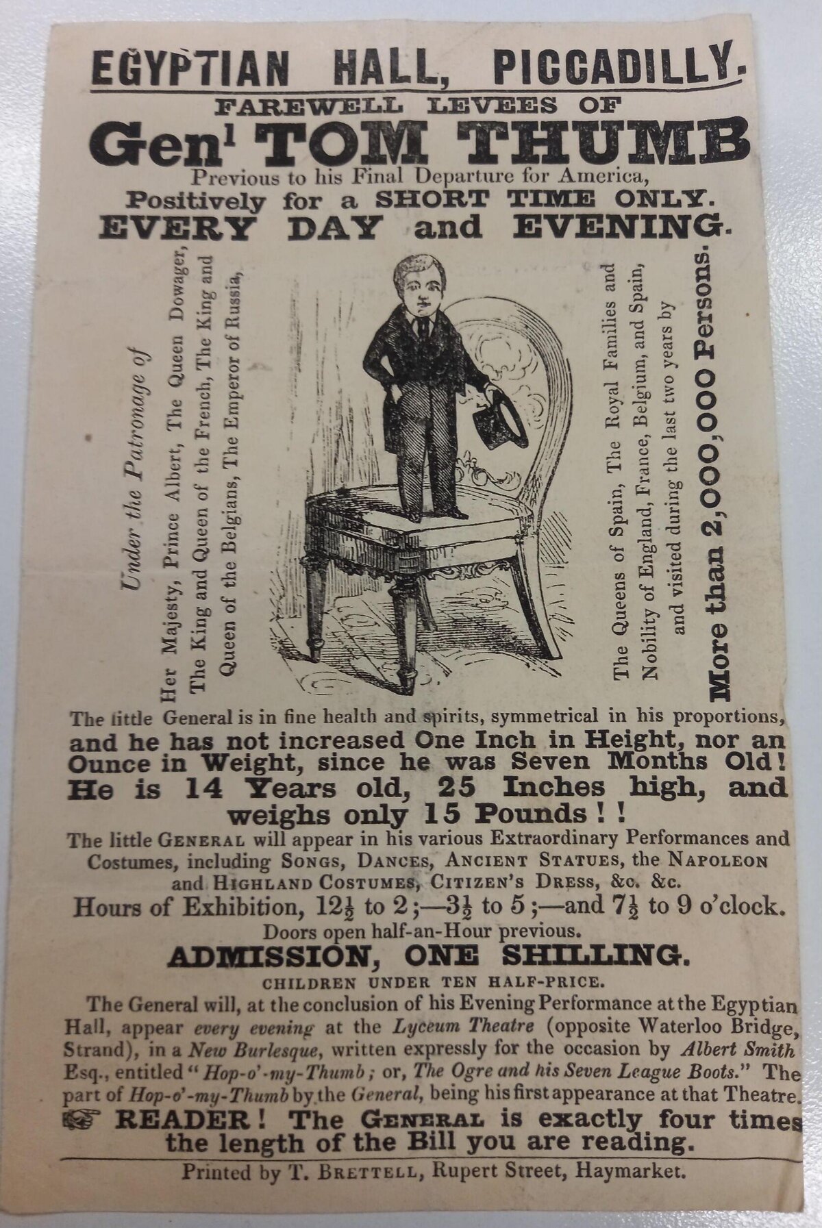 Vintage General Tom Thumb Show Handbill
