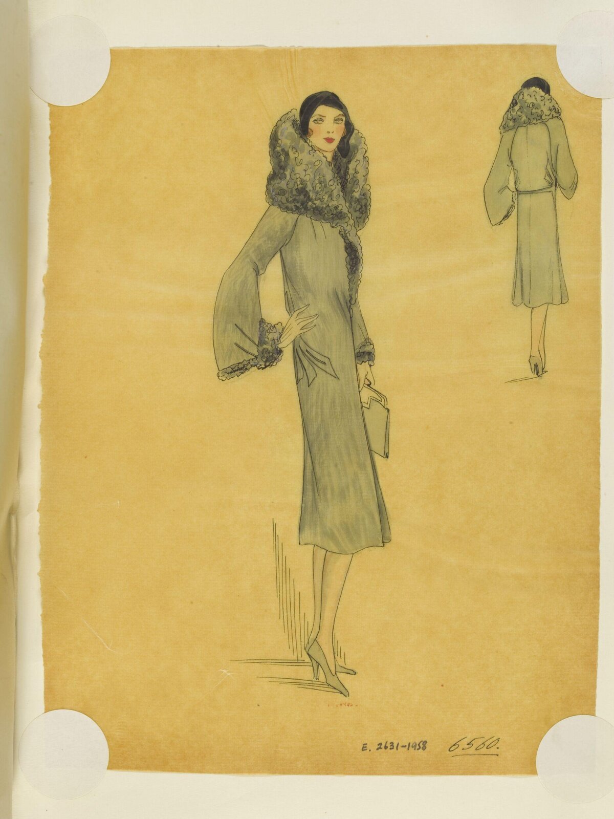 Vintage Fashion Sketch of Fur-collared Coat