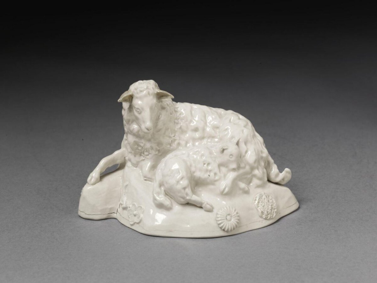 White Porcelain Ewe and Lamb Sculpture