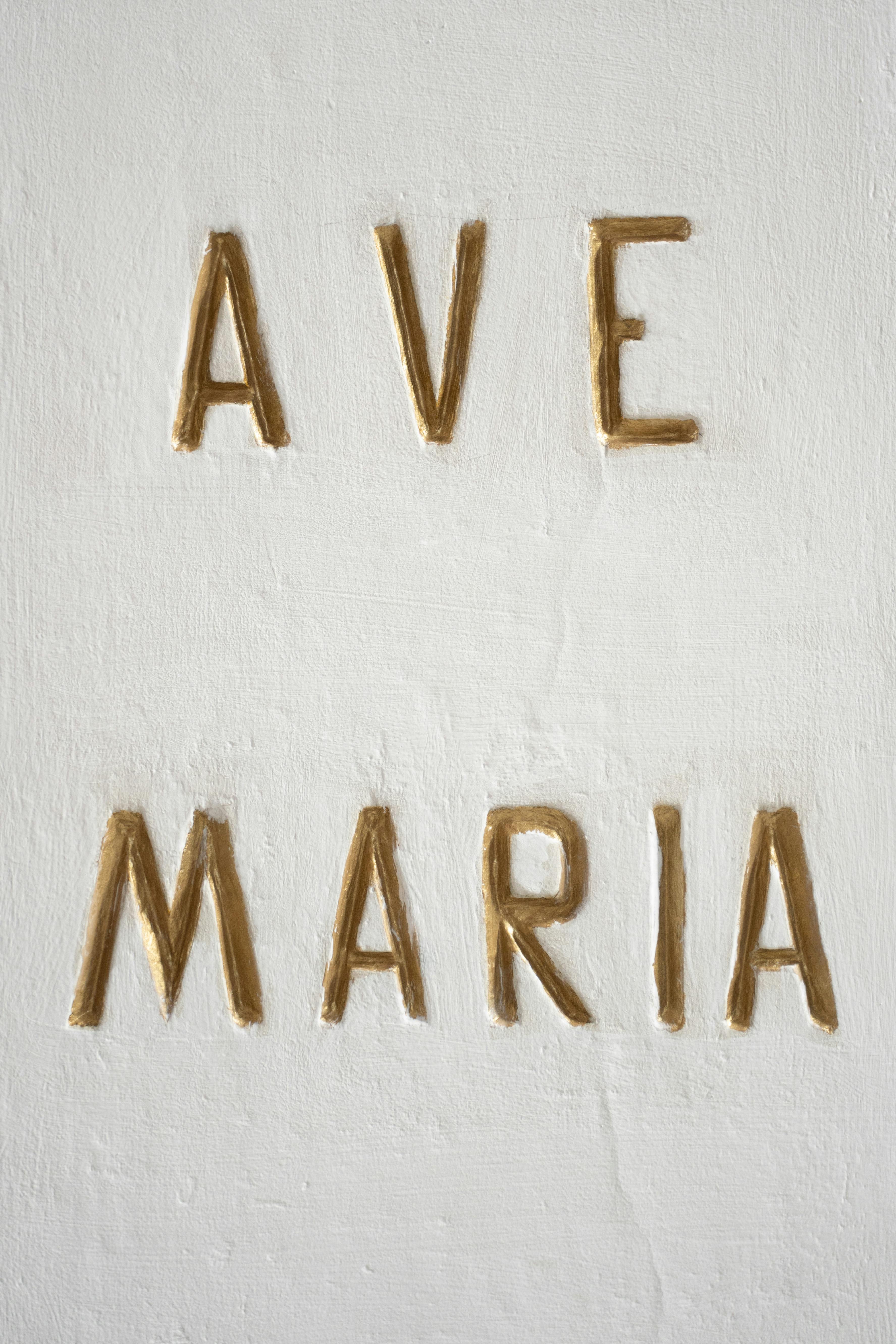 Golden Ave Maria Text on White Canvas