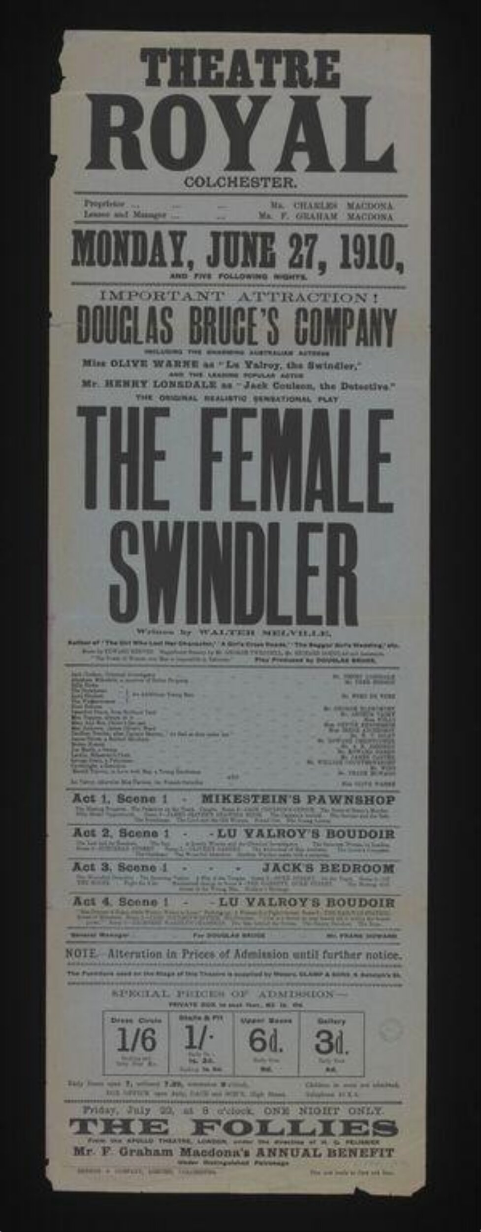 1910 Theatre Royal Playbill: The Female Swindler